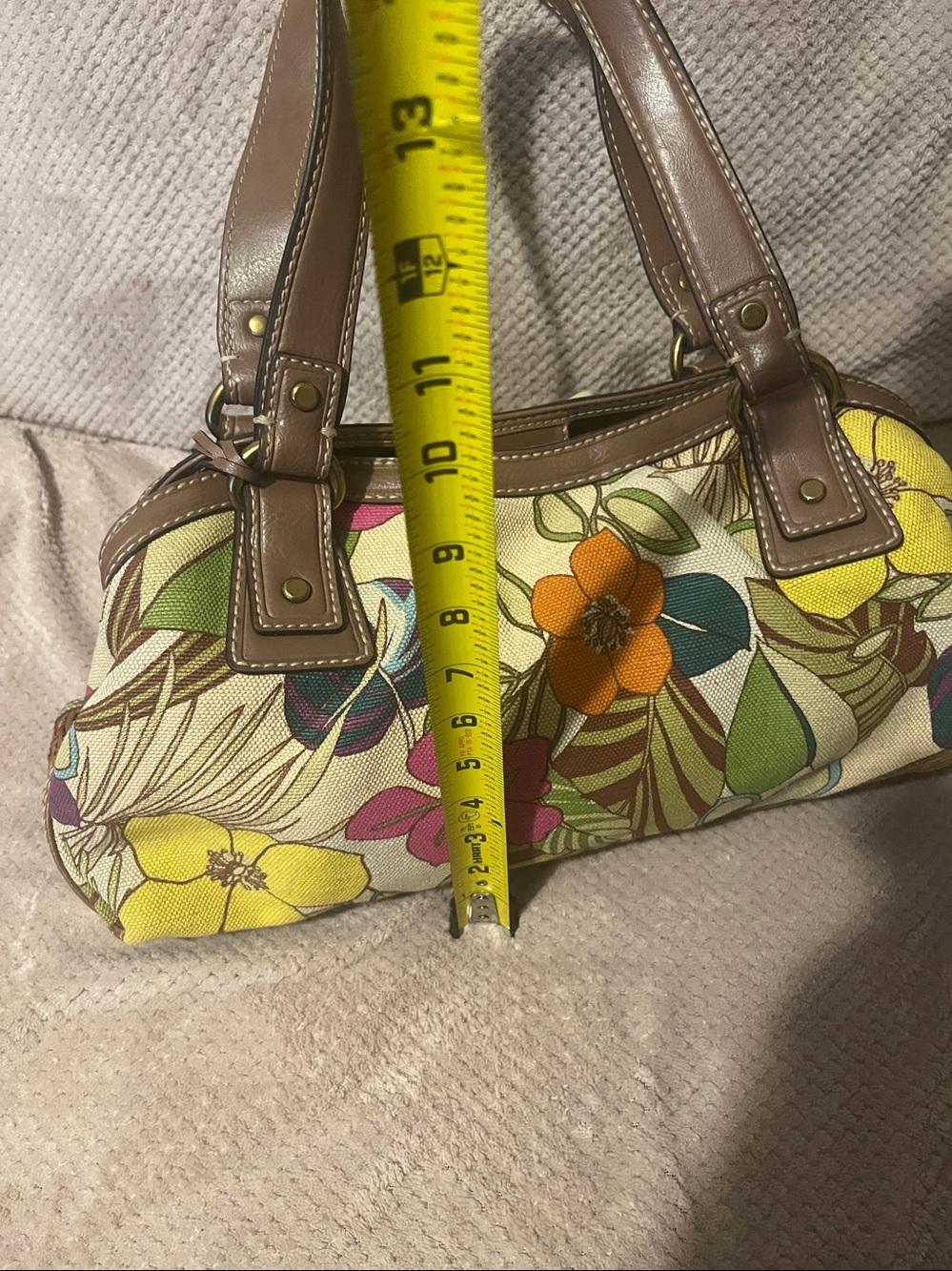 Floral Fossil Canvas Shoulder Bag with Brown Leather Handles - Picture 11 of 11